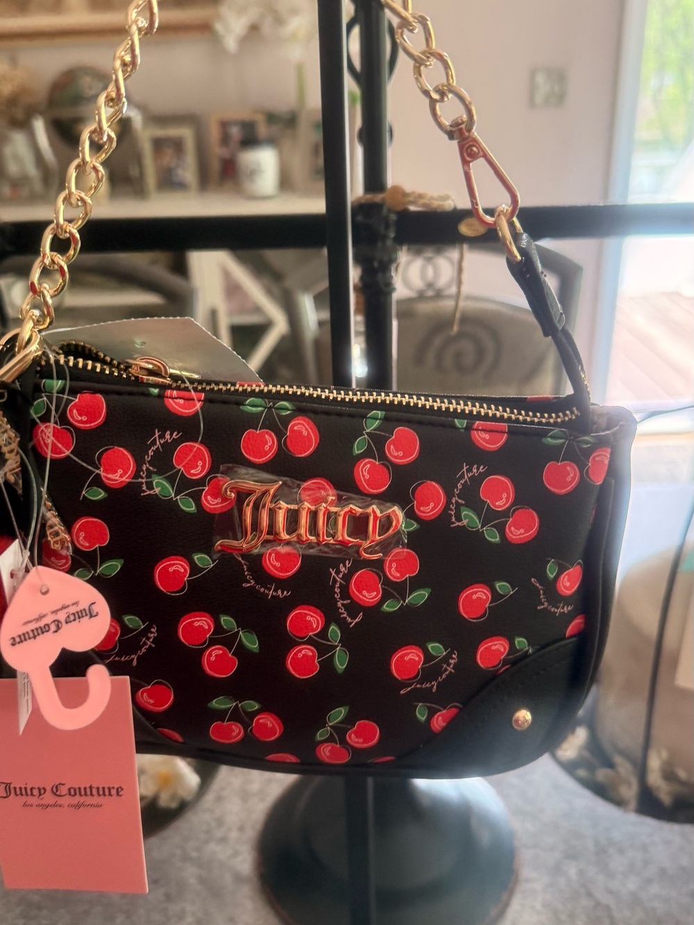 Juicy Couture Black Mini Bag with Red Cherry Print and Gold Hardware